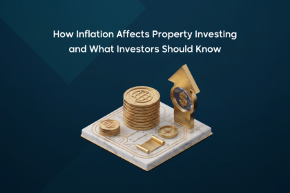 Graphic featuring the title "Inflation and Property Investment in Saudi Arabia" alongside a 3D isometric platform with gold coins, a compass, a scroll, and an upward-pointing arrow with a dollar symbol.