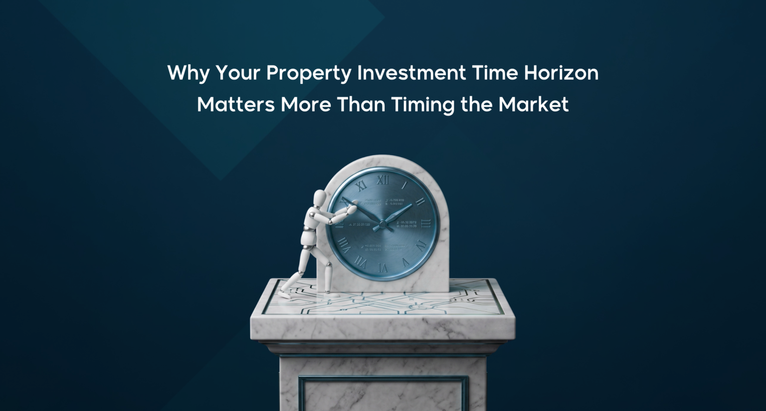 Graphic featuring the title "Property Investment Time Horizon in Saudi Arabia" alongside a mannequin figure pushing a large metallic clock on a marble pedestal.