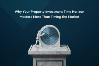 Graphic featuring the title "Property Investment Time Horizon in Saudi Arabia" alongside a mannequin figure pushing a large metallic clock on a marble pedestal.