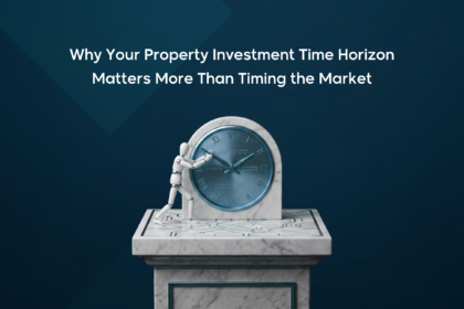 Graphic featuring the title "Property Investment Time Horizon in Saudi Arabia" alongside a mannequin figure pushing a large metallic clock on a marble pedestal.