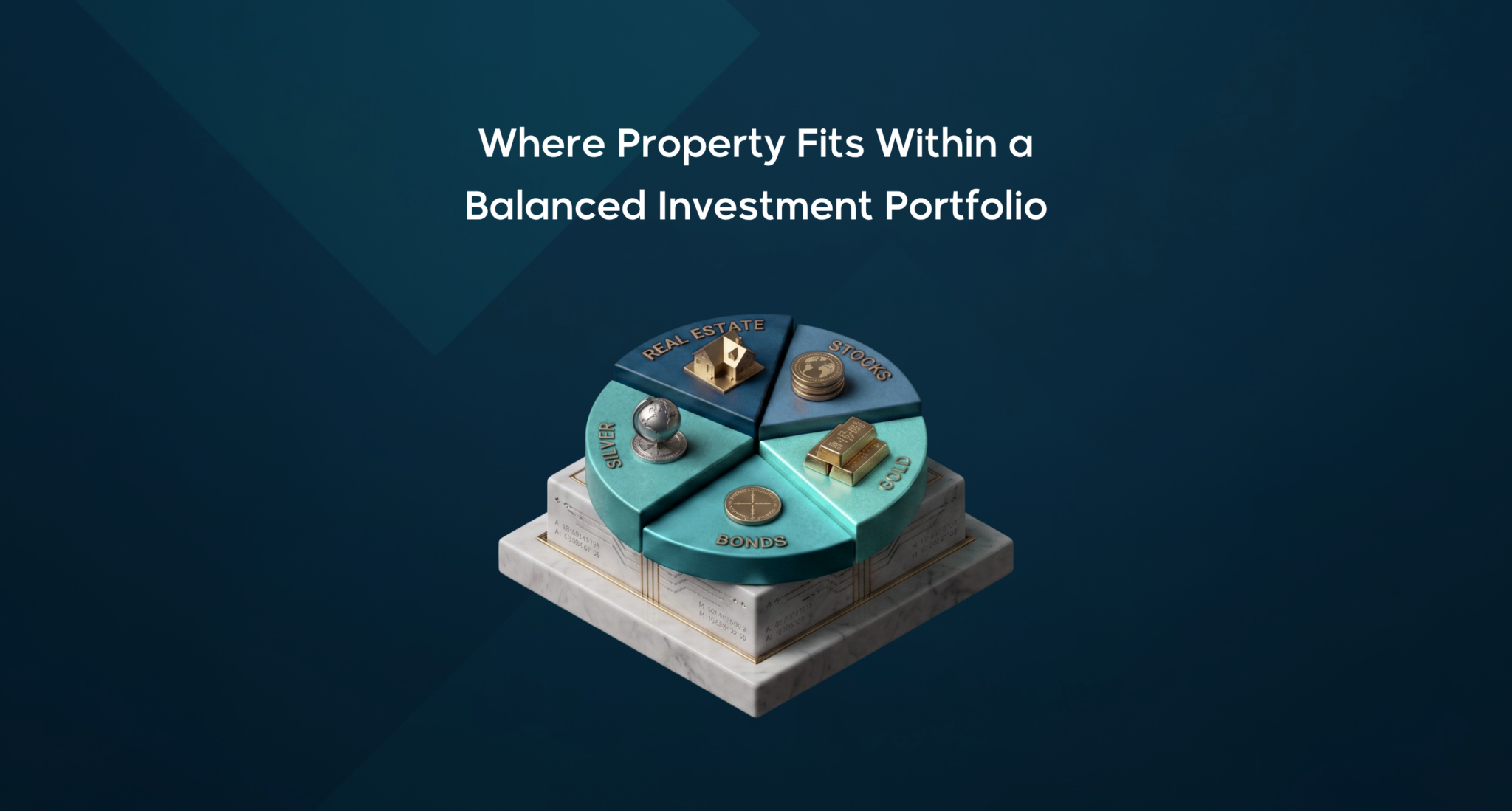 A 3D pie chart graphic demonstrating asset allocation property strategies with real estate, stocks, bonds, gold, and silver.