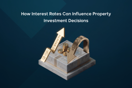 A 3D graphic showing growth and risk arrows over gold coins, illustrating how interest rates and property investment decisions interact.