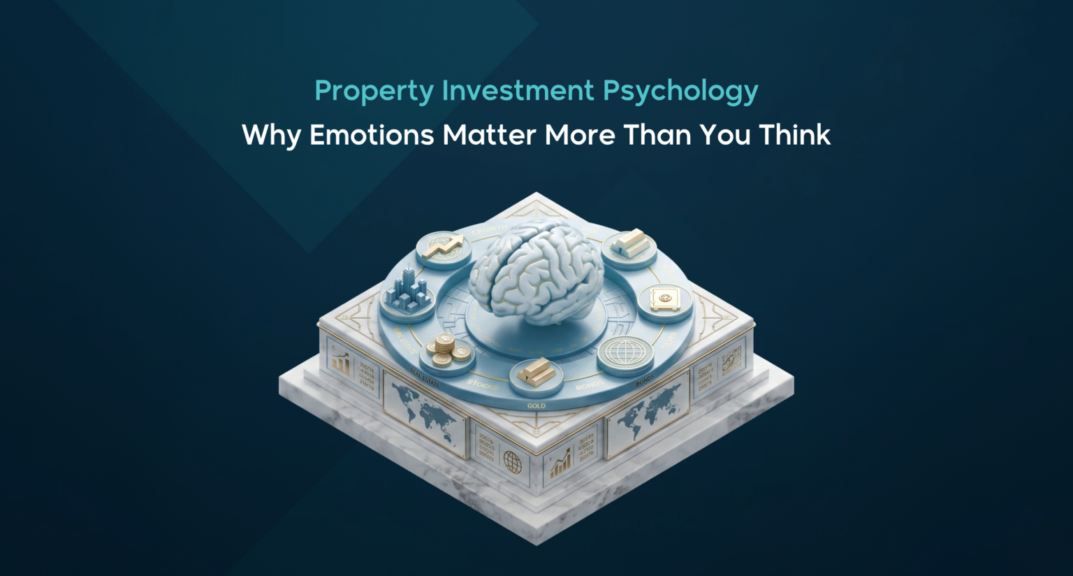 A 3D graphic featuring a human brain surrounded by investment icons, illustrating property investment psychology and decision-making concepts.