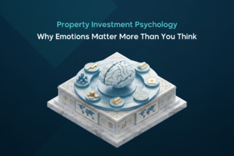 A 3D graphic featuring a human brain surrounded by investment icons, illustrating property investment psychology and decision-making concepts.