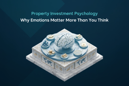 A 3D graphic featuring a human brain surrounded by investment icons, illustrating property investment psychology and decision-making concepts.